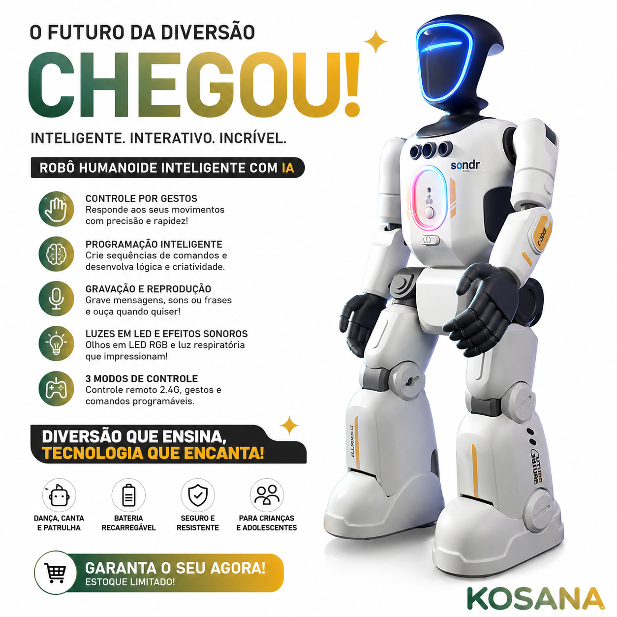 Robô Humanoide Inteligente com IA Programável com Controle Remoto 2.4G,