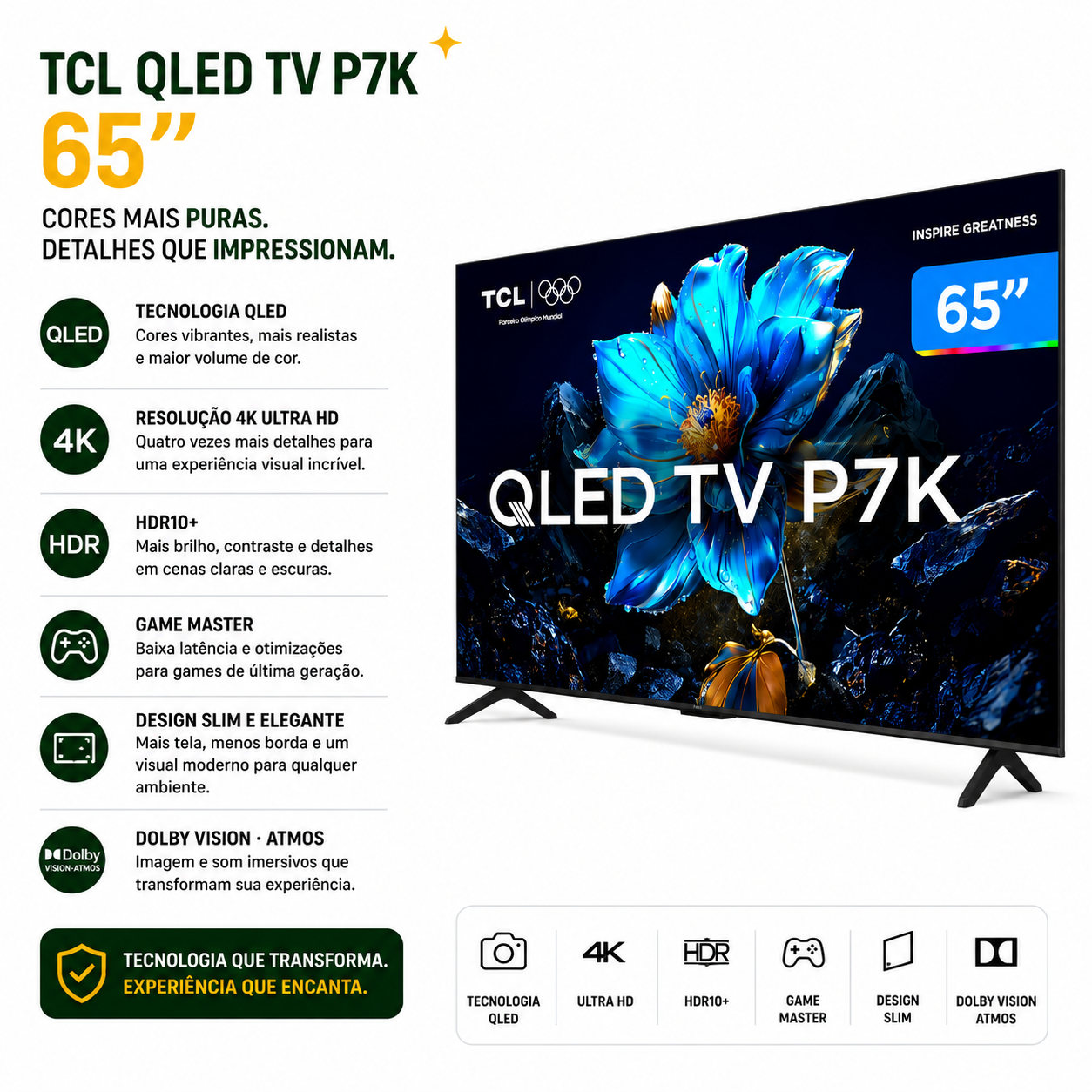 Smart TV 65 "TCL 4K UHD QLED 65P7K Google TV AiPQ Google Assistant 3 HDMI 1 USB