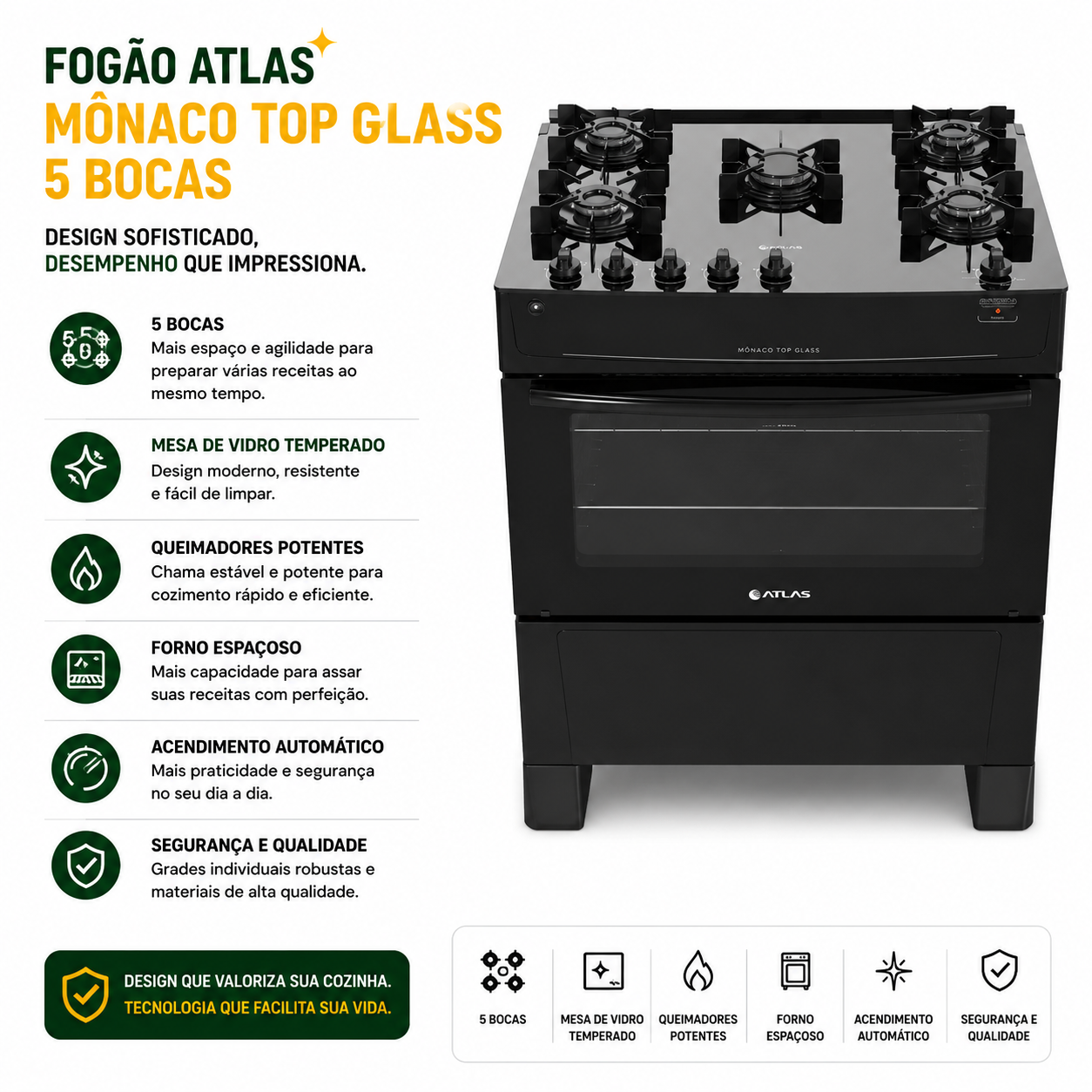 5 Hole Stove Atlas Black Glass Table Monaco Top Glass - Bivolt