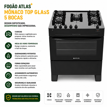 5 Hole Stove Atlas Black Glass Table Monaco Top Glass - Bivolt